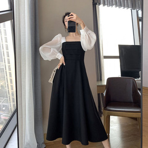 Nuovo <span class=keywords><strong>Abito</strong></span> Coreano Primaverile e Autunnale Taglie Forti con Inserti, Vestito Lungo <span class=keywords><strong>Nero</strong></span> Sexy e alla Moda con Maniche Lunghe per <span class=keywords><strong>Donna</strong></span> - Product Image 4