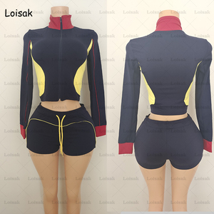 Quần Áo Các Nhà Sản Xuất Cao Cô Gái Thân Thiện Với Thiết Lập Colorblock Đứng Cổ Áo Dây Kéo Áo Khoác Áo Ngực Và Xà Cạp 3 Mảnh Hoạt Động Mặc Bộ - Product Image 5