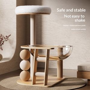 Arbre à chat en chêne massif avec boule en sisal + lit capsule spatiale - <span class=keywords><strong>Tour</strong></span> de griffoir vertical pour chats <span class=keywords><strong>d</strong></span>'intérieur, structure <span class=keywords><strong>d</strong></span>'escalade en bois naturel - Product Image 4