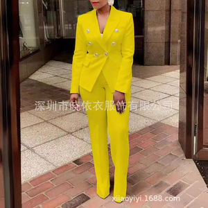 Ensemble de costume jaune croisé pour femme, pantalon à manches longues, couleur unie, tenue de travail décontractée, tailles européennes et américaines S M L XL XXL XXXL - Product Image 3