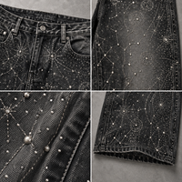 Celana Jeans Baggy Wide Leg Hitam Dicuci Model TaiDe Bespoke, Berhias Rivet dan Manik-Manik Bintang, Efek Distressed, OEM ODM, MOQ Rendah, Pabrik Pakaian