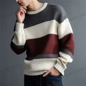 2023 OEM Men Sweater Knit Round Neck Curling Color Matching Slim Casual Warm Knitted Pullovers Basic Public Wild Youth