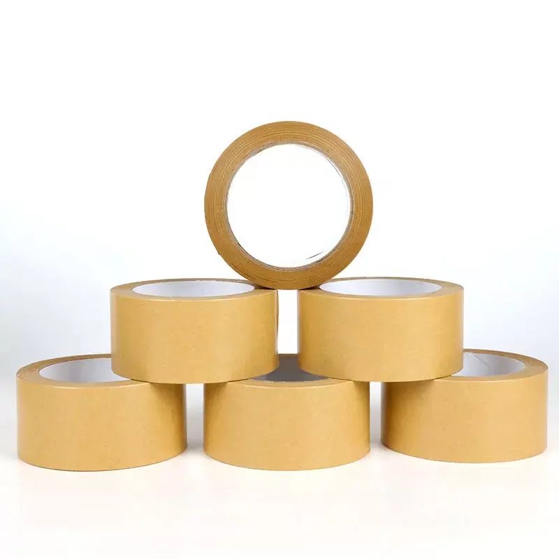 Custom Printed Logo Yellow Brown Water Activated Gummed Reinforced Self Adhesive Fragile Packing Kraft Paper Tape