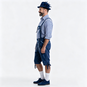 Chemise à carreaux bleu et <span class=keywords><strong>blanc</strong></span> pour homme, broderie bleu foncé, ensemble <span class=keywords><strong>complet</strong></span> Lederhosen, chapeau à plumes, chaussettes blanches, chaussures, tenue bavaroise pour l'Oktoberfest - Product Image 3