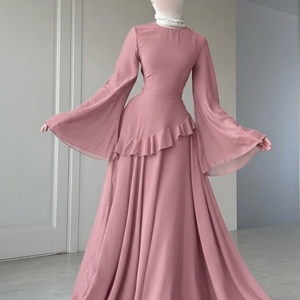 Modest Brown Chiffon Maxi Dress with Flared <b>Bell</b> Sleeves & Ruffle Detail | Elegant Muslim Formal Evening Gown (1115) - Product Image 4