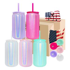 Lot de 25 canettes de soda/bière en acier inoxydable de 16 oz, vierges pour sublimation, avec logo personnalisé, effet holographique scintillant, avec couvercles et pailles - Product Image 1