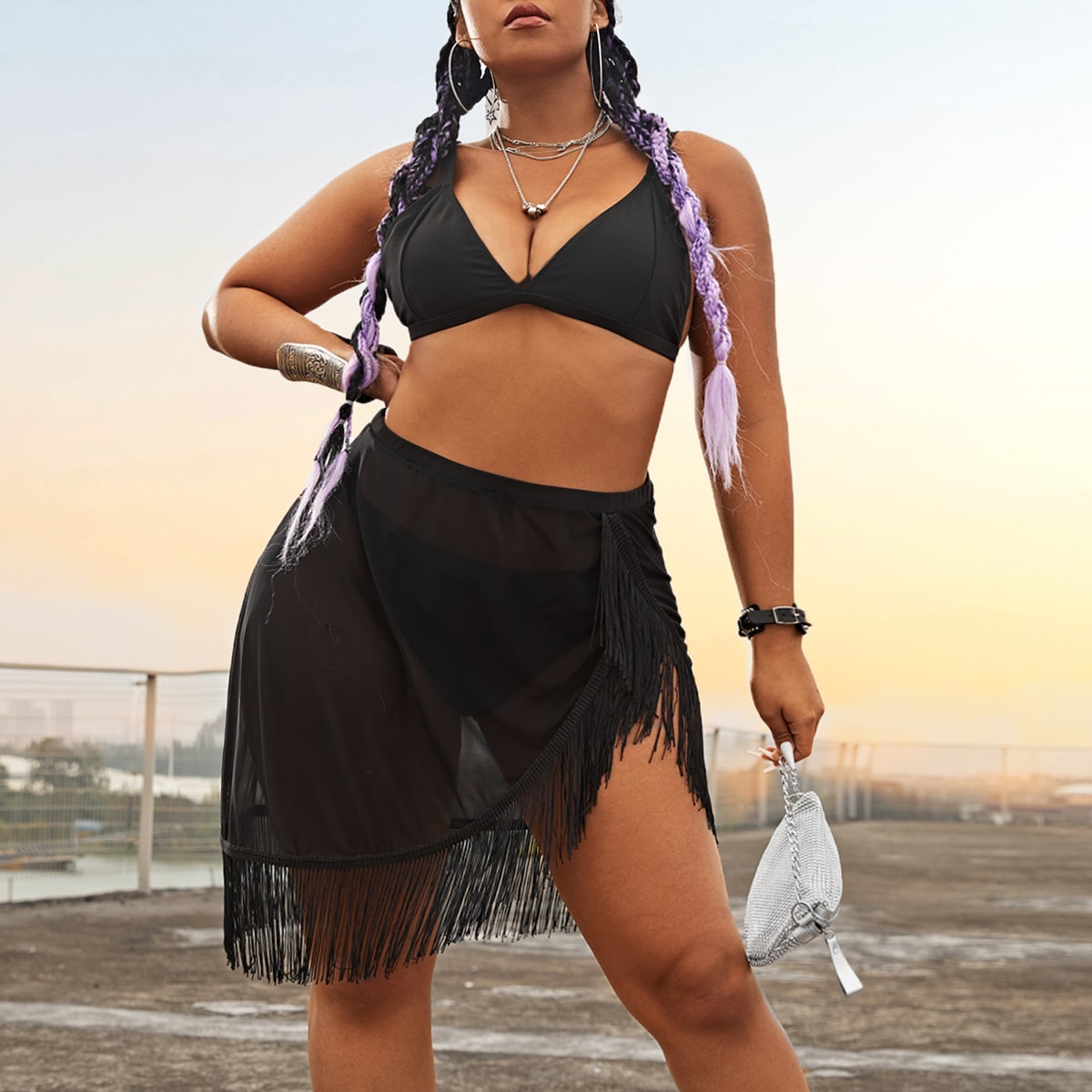 2022 new women's swimsuit sexy black Plus Size Swimsuit tassel blouse swimsuit three piece set