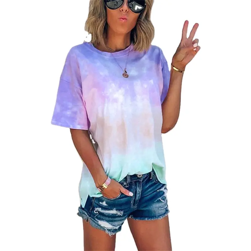Mandy 2023 Summer New Casual Tie Dye Gradient Print Loose T-Shirt Ladies Tops OEM/ODM Customization