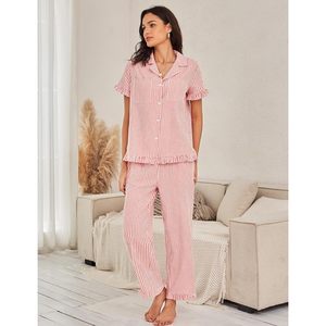 FOXA Womens Striped Pajama Set Cotton Button <b>Down</b> Short Sleeve Top Long <b>Pants</b> 2 Piece Sleepwear Loungewear - Product Image 3