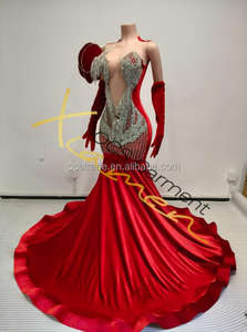 Ocstrade فستان سهرة أحمر فاخر طويل بقصة حورية البحر مع ذيل مزين بالخرز، قبة V شبكية عميقة، مع قفازات طويلة، مقاسات خاصة وكبيرة - Product Image 4