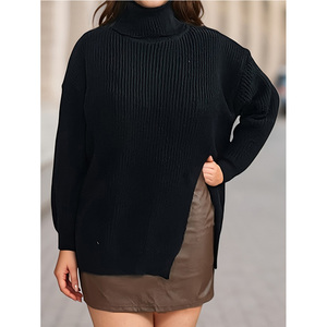 Nhà Sản Xuất Thời Trang Sườn Đan Cao Cổ Áo Len Cho Phụ Nữ Màu Đen Quá Khổ Áo Thun Cộng Với Kích Thước Của Phụ Nữ Giản Dị Rắn Áo Len - Product Image 1