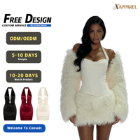 A&J OEM ODM Ensemble deux pièces en plumes pour femme, haut bustier corset et mini-jupe, avec logo personnalisé, haute qualité, tenue de soirée haut de gamme, fabricant