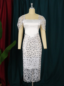 X8117 Nouvelles Tendances <span class=keywords><strong>Robe</strong></span> de <span class=keywords><strong>Soirée</strong></span> Élégante pour Femme, Col Carré, Dos Nu, Fendue, avec Patchwork en Tulle et Dentelle Blanche - Product Image 3
