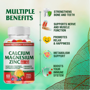 Gummies Premium Calcium Magnésium Zinc avec Vitamine D3 K2, Sans Sucre, Végétaliennes, à Croquer pour la Force et l'Absorption Osseuse - Product Image 3