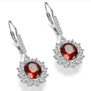 Wholesale Customized Fashion Diamond Jewelry 925 Sterling Silver Ruby Dangle Drop Earrings