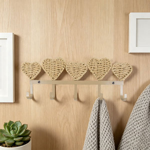 Ganchos de pared de cuerda de papel tejida a mano, forma de corazón, 5 ganchos, estilo rústico, decoración del hogar, gancho para colgar ropa, para montaje en pared - Product Image 2
