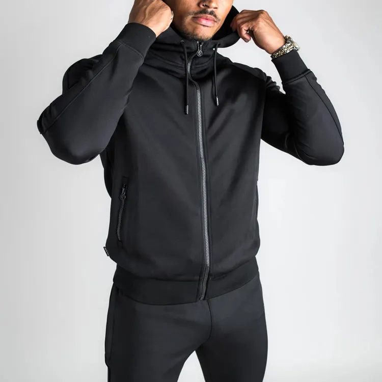 Hot sale mens plain blank tracksuit zip up black polyester tracksuits Oversized Active Wear