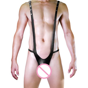 Sous-vêtements sexy pour homme, string à bretelles en similicuir verni noir, taille basse - Product Image 1