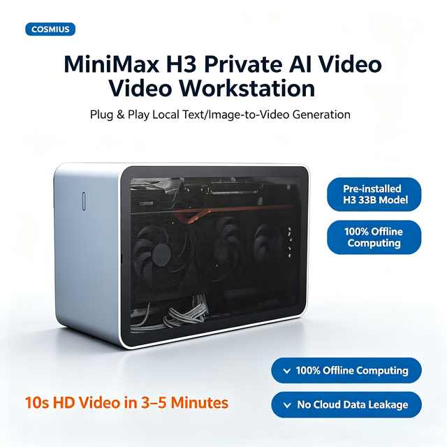 COSMIUS MiniMax H3 AI Video Workstation RTX PRO 4500 32GB Plug&Play Text/Image/Video Gen PC for Unlimited Users Ubuntu/Windows.