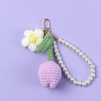 Porte-clés fleur de tulipe en peluche tissée à la main, écologique, avec perles, bracelet perlé, joli breloque de sac tricoté en forme de marguerite pour femmes et filles, cadeau