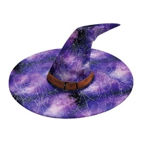 Sombrero de Bruja de Algodón con Estampado de Telaraña y Cielo Estrellado Morado para Cosplay de Halloween, Sombrero Puntiagudo de Mago Divertido con Bordado 3D para Fiesta Digital