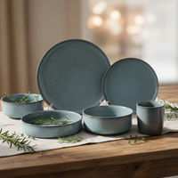 Service de table classique en céramique grès à glaçure réactive verte |   Ensemble de 5 assiettes, bols et tasses |   Compatible lave-vaisselle et micro-ondes