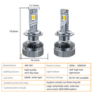Phares LED AKE V89 Hb3 9005 de haute qualité 200w 20000lm MDS 4575 puces 9005 Hb3 ampoule LED 9-16V 6000k Bombillo LED 9005 pour voiture - Product Image 6