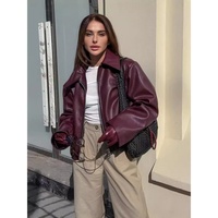Blouson en cuir court rouge bordeaux pour femme, nouvelle collection printemps, haut de gamme, coupe ample, col à revers, style motard vintage, vente en gros
