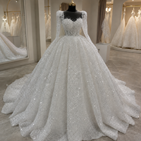 Robe de mariée de bal à manches longues bouffantes, entièrement en dentelle à sequins, col carré, grande taille, personnalisable, vente en gros, fleurs