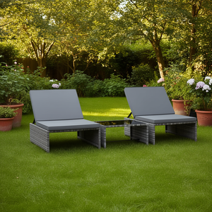 Set di sedie reclinabili da giardino in polyrattan grigio con tavolo, mobili da esterno, 2 pezzi - Product Image 2