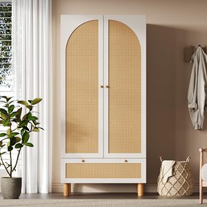 Armoire à portes en rotin moderne SENYU avec poignée en bois et tiroir pour le rangement de la chambre - Product Image 1
