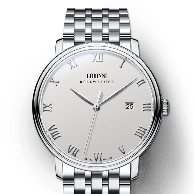 For LOBINNI Factory Supply Men's Mechanical Watches Silver Stainless Steel Business Reloj with Miyota Movement Simple Leather