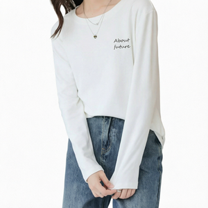 Camiseta de Manga Larga para Mujer, Ecológica, de Seda/Algodón, Cuello Redondo, Blanca, Lisa, Básica, para Primavera/Verano - Product Image 1
