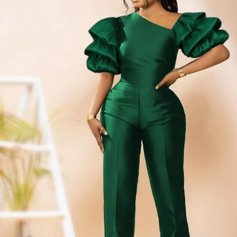 S-4xl Grote Slant-Schouder Hoge Taille Jumpsuit Grote Size Vrouwen Groene Geplooide Mouwen Casual Jumpsuit