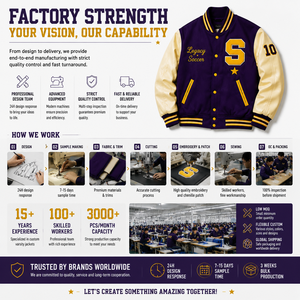 Veste de baseball personnalisée de haute qualité, style Varsity, <span class=keywords><strong>en</strong></span> laine violette, avec manches <span class=keywords><strong>en</strong></span> <span class=keywords><strong>cuir</strong></span> jaune et patchs <span class=keywords><strong>en</strong></span> chenille, fabriquée par un fabricant. - Product Image 4