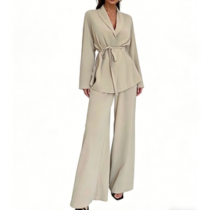 Blusa de Mujer <span class=keywords><strong>con</strong></span> Cuello en V, Mangas Largas Elegantes y Detalle de Lazo, Combinada <span class=keywords><strong>con</strong></span> Pantalones Anchos Elegantes - Conjunto de 2 Piezas Sehe Fashion - Product Image 1