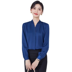 V-neck Shirt Women Solid Color Polyester Satin Anti-Wrinkle Office Wear - Product Image 5