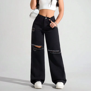 Vente en Gros <span class=keywords><strong>Taille</strong></span> <span class=keywords><strong>Haute</strong></span> Déchiré Droit Denim Déchiré Boyfriend Pantalon Décontracté Polyvalent Jeans Denim Jeans Baggy - Product Image 1