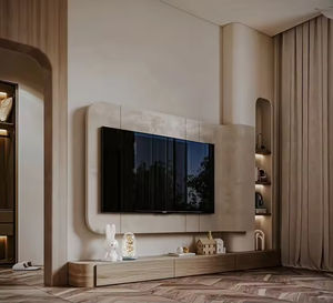 <span class=keywords><strong>Meuble</strong></span> <span class=keywords><strong>TV</strong></span> incurvé moderne en bois pour salon, combinaison de rangement <span class=keywords><strong>gris</strong></span> avec cheminée intégrée - Product Image 4