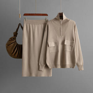 Set Donna Primavera 2025 Nuova <span class=keywords><strong>Moda</strong></span> con Camicia Lavorata a Maglia con Colletto e Zip e Gonna a Metà Lunghezza - Product Image 1