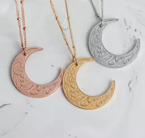 Inspire Jewelry Stainless Steel Verily With Hardship Moon Crescent Arabic Quran Verse Patience Necklace 18K Gold Plated Islamic