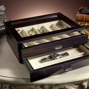 Boîtier de montre en bois moderne multifonctionnel ménager en bois d'ébène ombragé noir poli boîte de montre multipont avec dessus en verre - Product Image 1