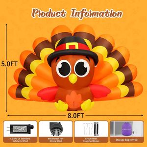 Inflables de Acción de Gracias de 8 pies de largo, Decoraciones para Fiestas con Luces LED Integradas, Pavo de Cola Larga de Poliéster Portátil, Bebé Pílgrim - Product Image 3
