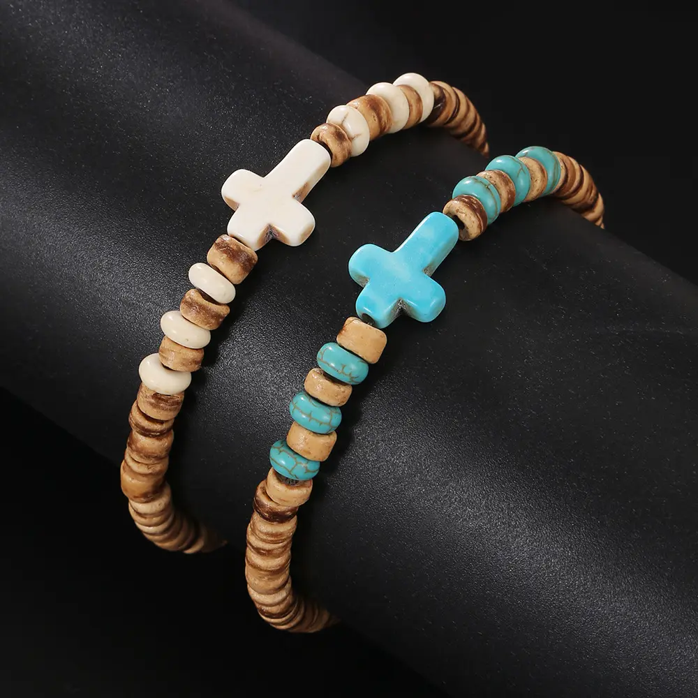 NUORO Offre Spéciale Coquillage Bois Pièces Turquoise Croix Bracelet À La Main Perlé Élastique Bois Perle Bracelet