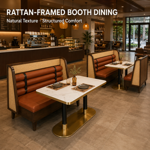 Ensemble de salle à manger commercial couleur <span class=keywords><strong>Cognac</strong></span>, banquette à dossier en rotin avec structure expresso et table à double piétement pour Bento Shop et Congee House - Product Image 3