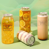 Canette en Plastique PET Transparente Tendance à Logo Personnalisable avec Couvercle Anneau Bouteille Jarre pour Gâteaux Boissons Froides et Conception Anti-Fuite