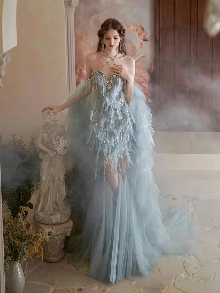 green emerald velvet dress Elegant engagement ruffle layered tulle cascading gown with front slit –  Rubber Ducky main image 1