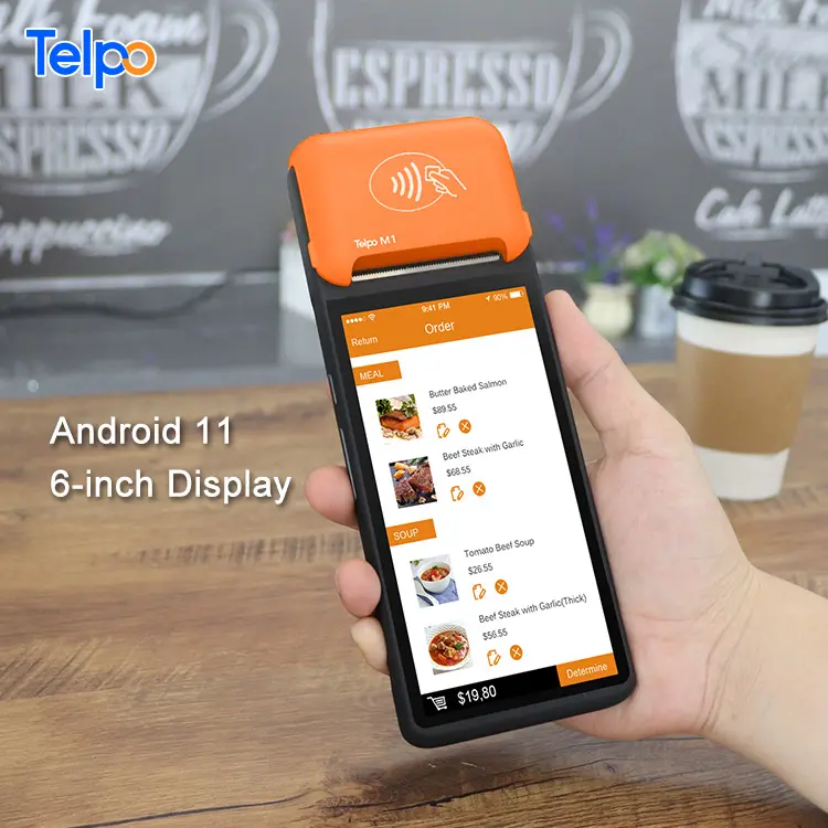 Telpo M1 4g 6-นิ้วทัชสกรีน All In One Android 12 POS เครื่องราคาพร้อมเครื่องพิมพ์ความร้อน40มม.