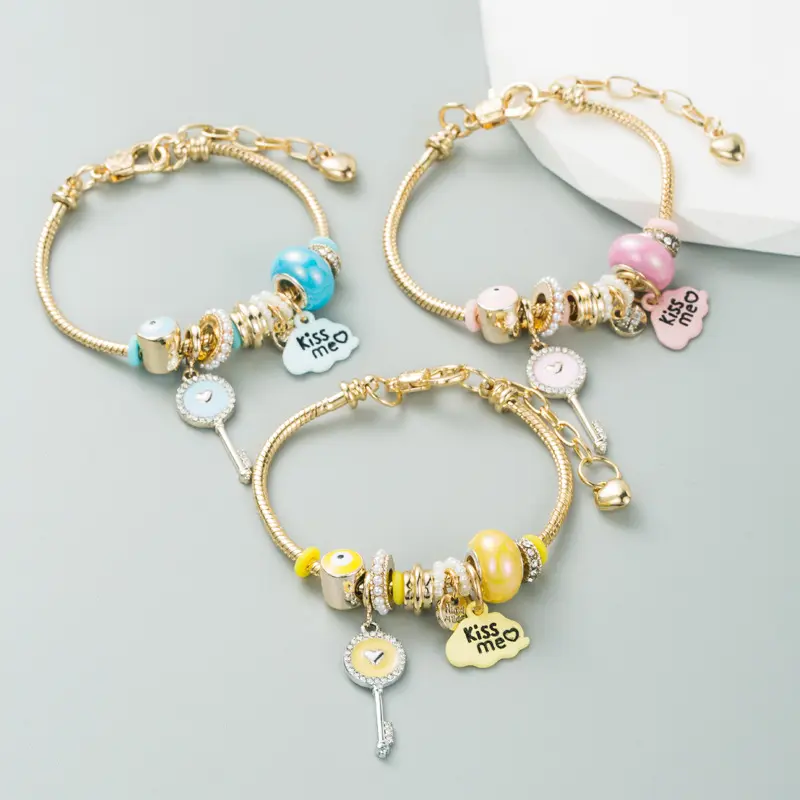 High quality lock and key charm bracelet colorful oil drip kiss me heart pendant bangle bracelet for women