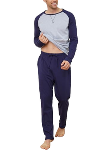 Ensemble de pyjama en coton pour homme, 2 pièces, manches longues, couleur unie, vêtements de nuit décontractés, vêtements d'automne, bleu et gris, tricoté, doux et confortable - Product Image 1
